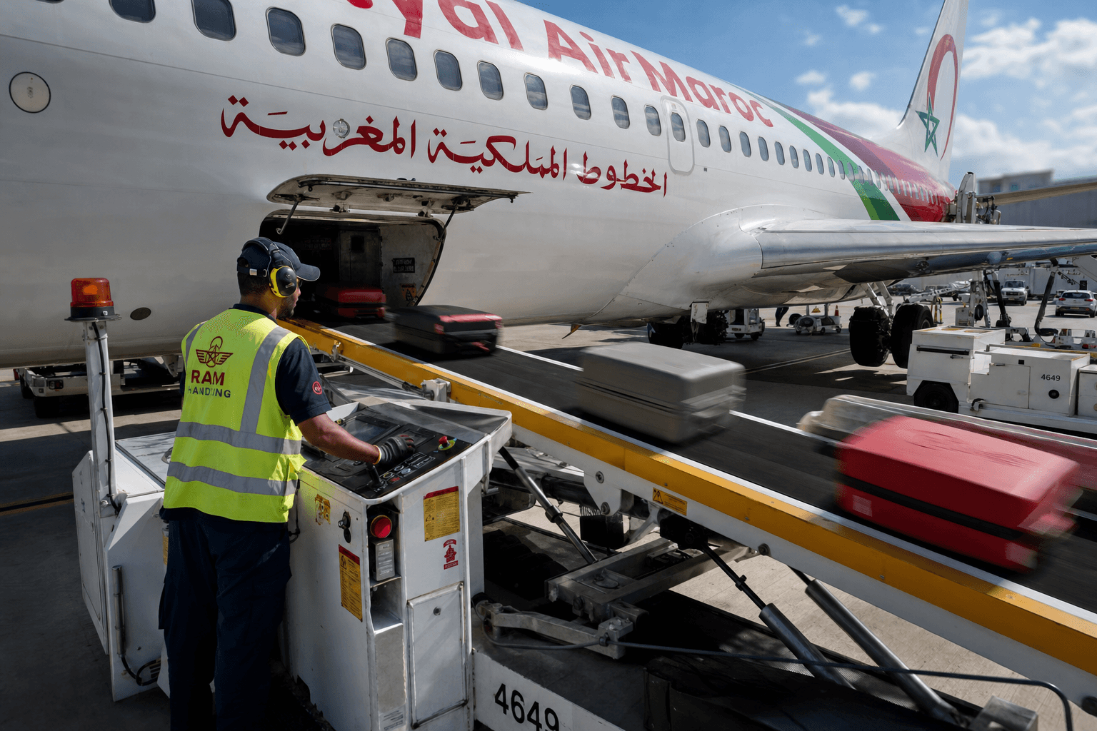 Baggage handler operating conveyor belt loader into Royal Air Maroc aircraft, sunny Moroccan airport apron