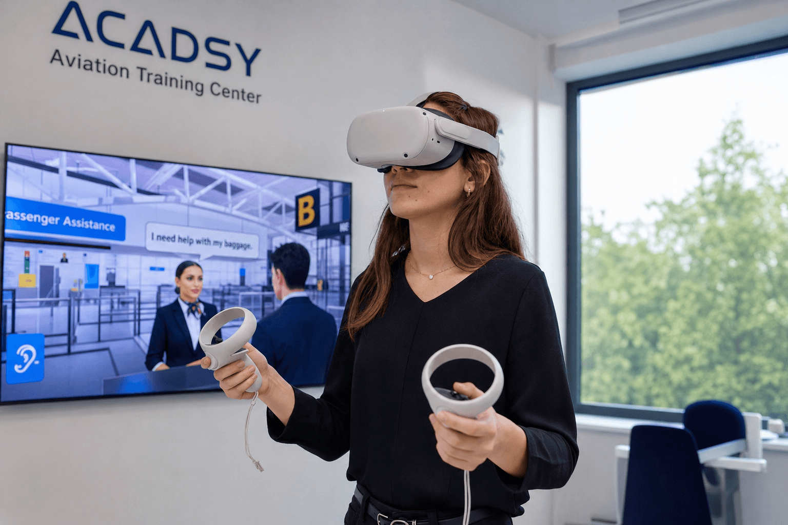 Young female trainee with VR headset in ACADEY training center, immersed in virtual airport scenario.