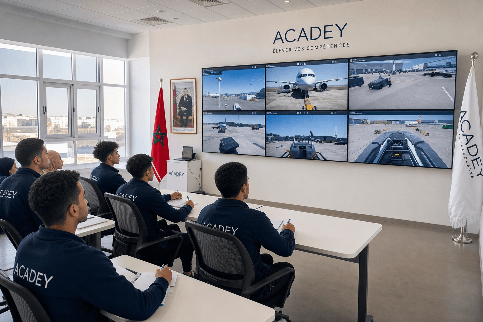 Training room with VR simulator screens and Moroccan students taking notes in a modern ACADEY class.