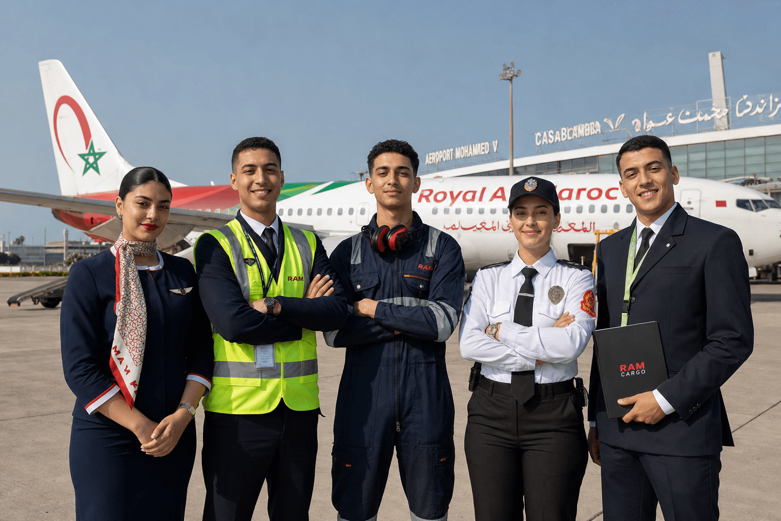 Diverse group of Moroccan aviation trainees in uniforms on airport tarmac, Royal Air Maroc aircraft and Casablanca airport background.