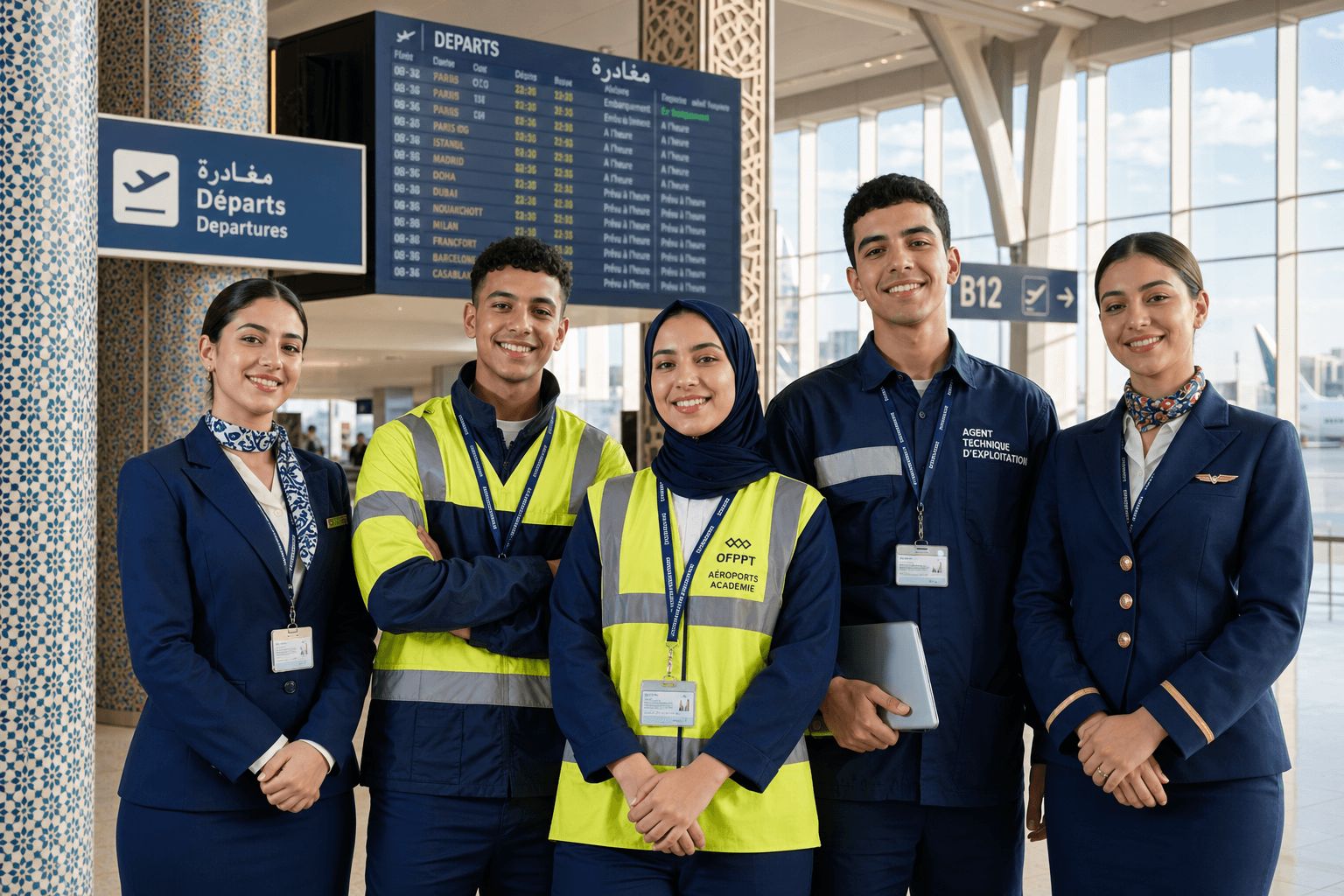 Diverse group of Moroccan airport trainees inside a modern terminal with zellige accents.