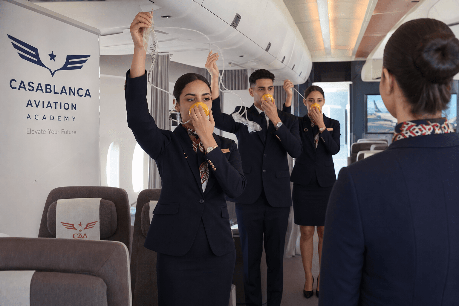 Cabin crew training session with Moroccan trainees practicing emergency safety demonstration in aircraft cabin mockup