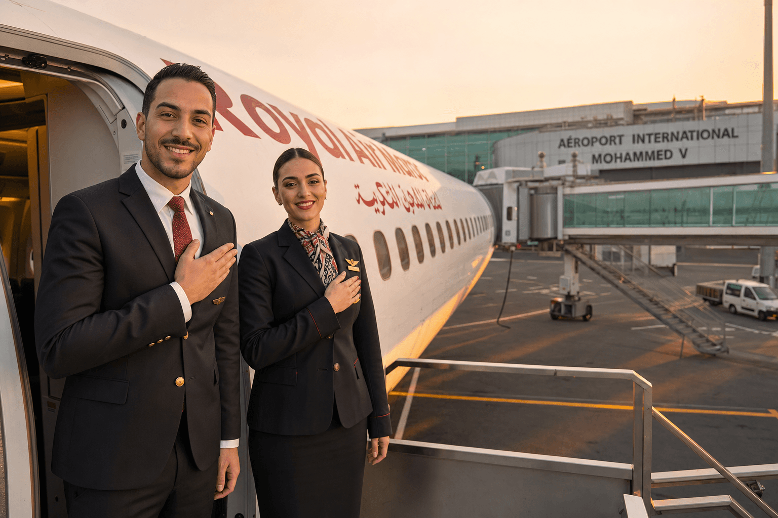 Moroccan steward and hostess team greeting passengers at aircraft door with Mohammed V International Airport background