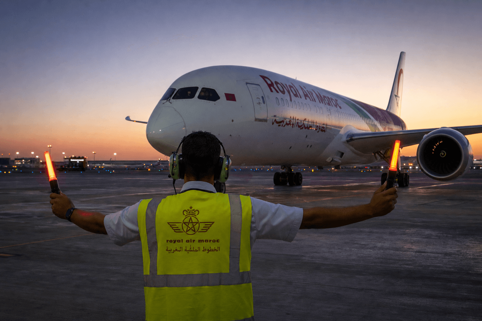Ground crew guiding aircraft with marshalling wands at dusk, Royal Air Maroc livery
