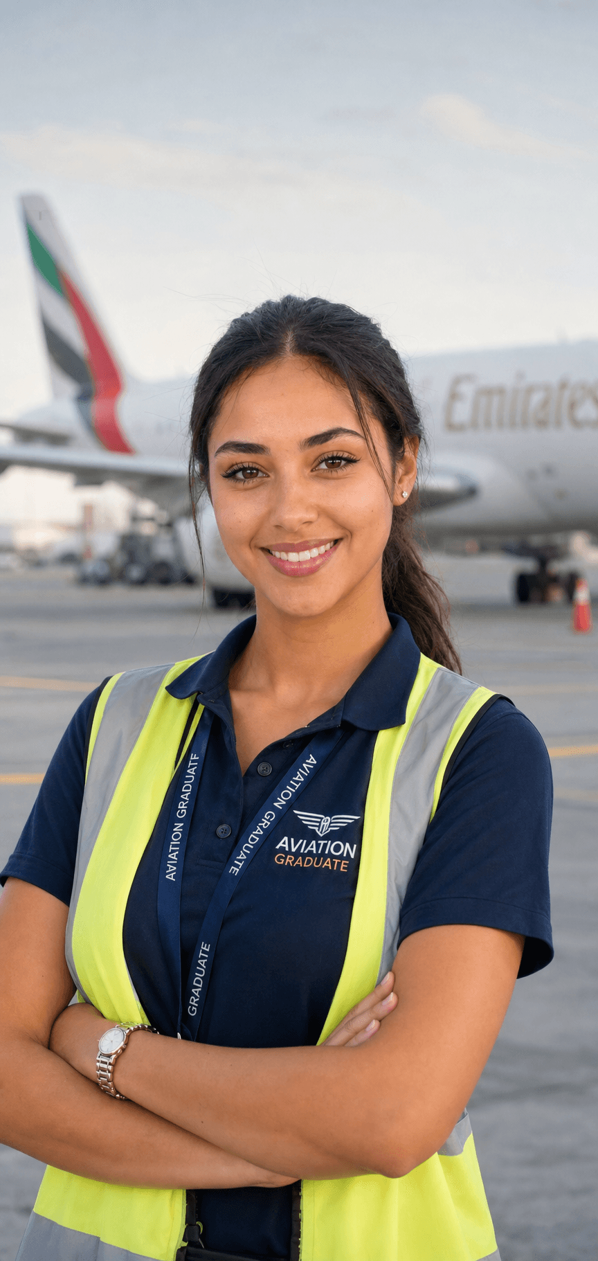 Professional headshot of French-Moroccan aviation graduate with airport background