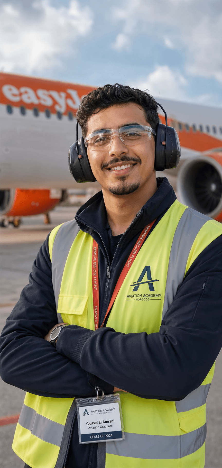 Portrait of a Moroccan aviation graduate with airport background