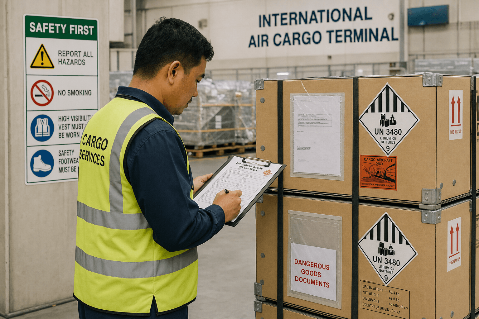 Cargo and freight agent inspecting dangerous goods documentation in a cargo terminal
