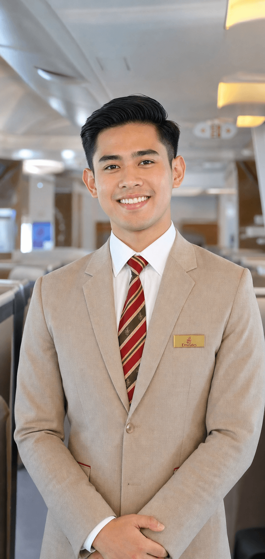 Photorealistic portrait of Asian male aviation graduate in Emirates cabin crew uniform with blurred aircraft cabin background.