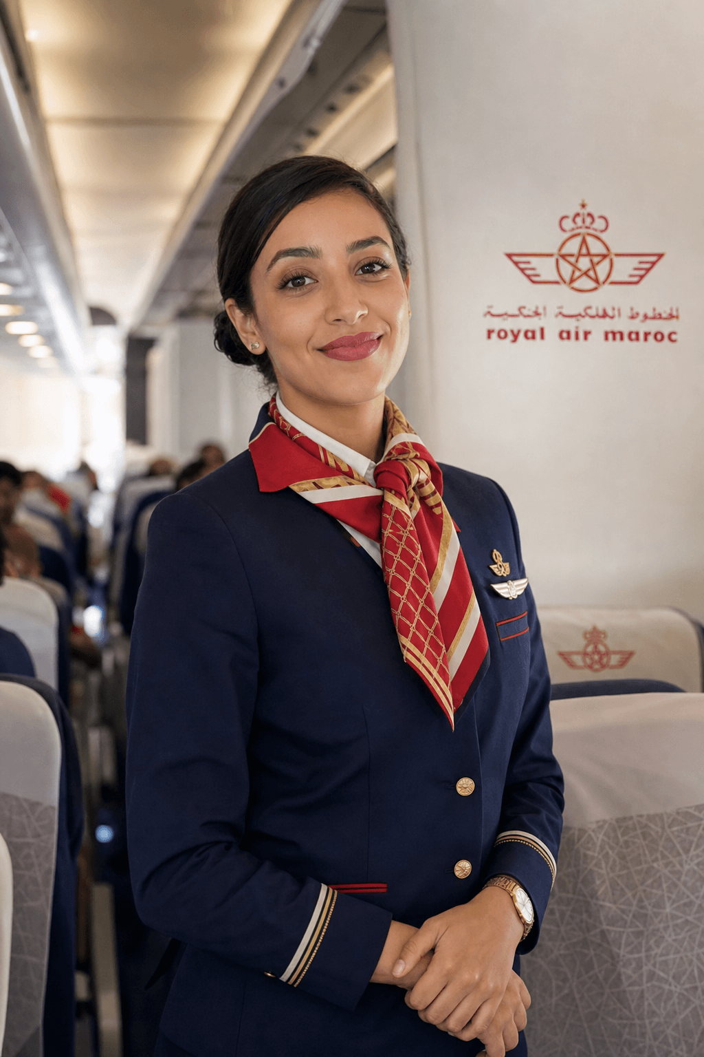 Photorealistic portrait of a confident young Moroccan flight attendant in an aircraft cabin.