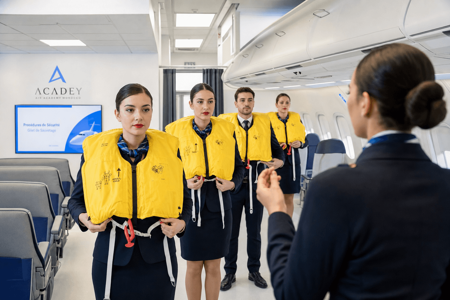 Cabin crew training session with French trainees at ACADEY - Air Academy Morocco.