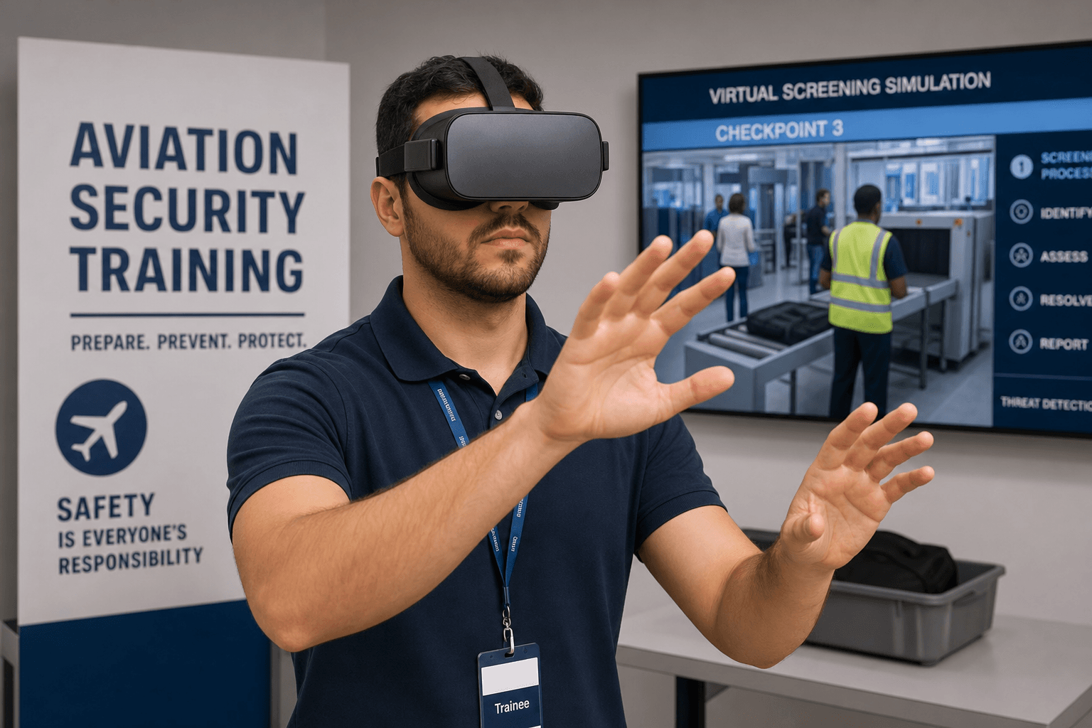 Male trainee wearing VR headset in virtual security screening exercise