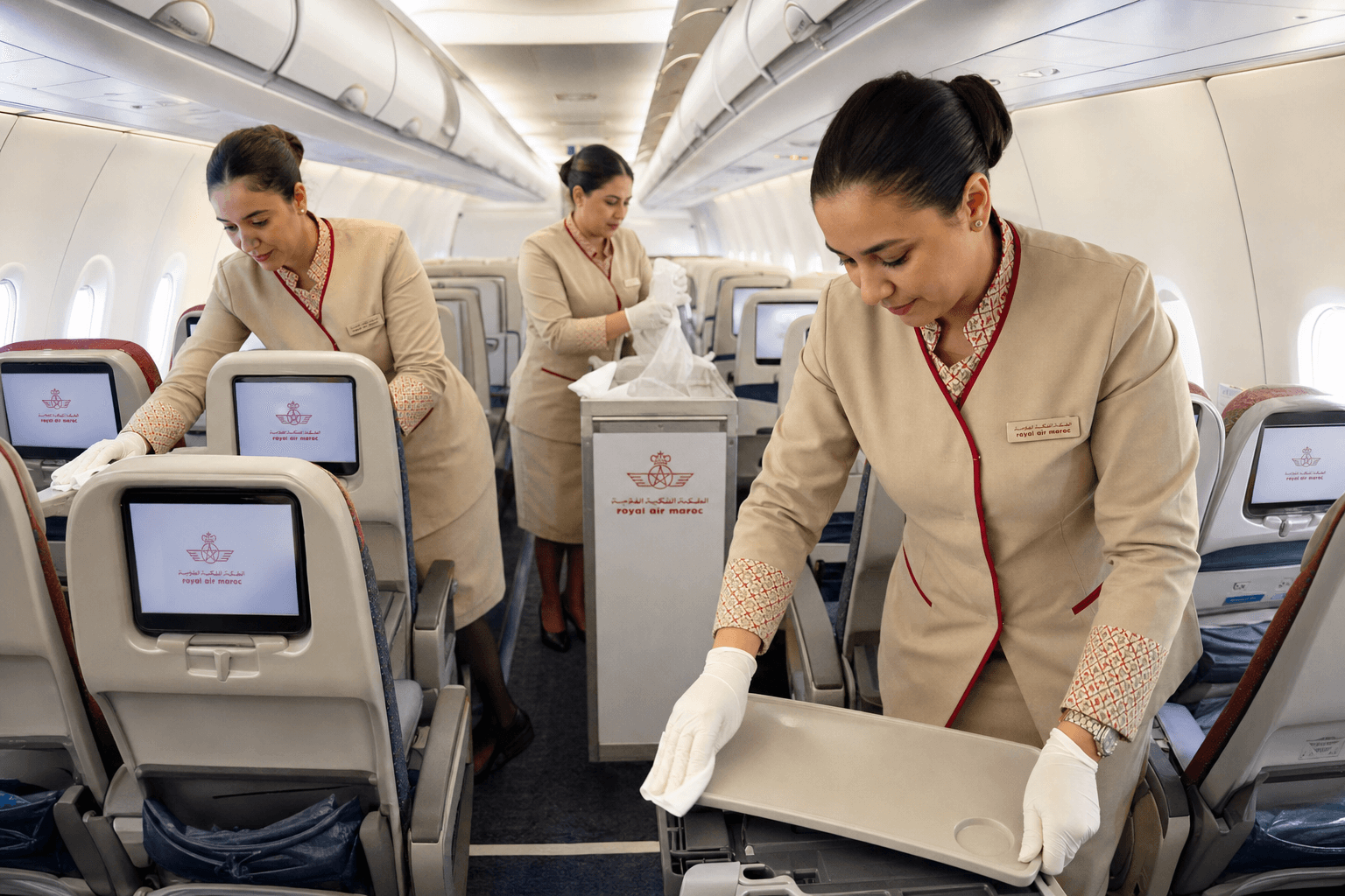 Moroccan cabin cleaning team tidying aircraft seats in Royal Air Maroc cabin.
