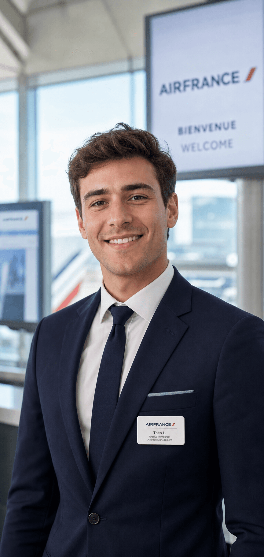 Professional headshot of a young French aviation graduate male in suit with Roissy airport background