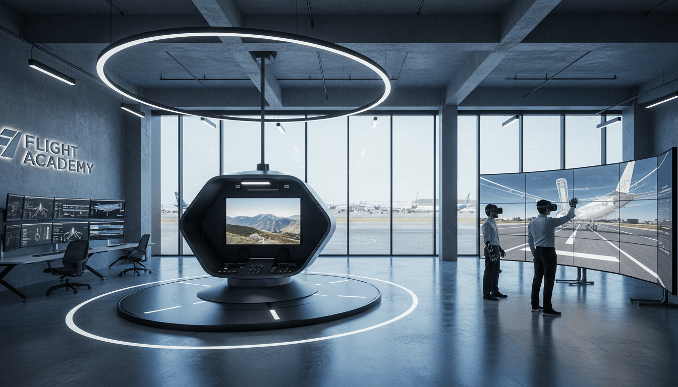 Salle de formation aéronautique moderne avec équipements techniques et simulateur