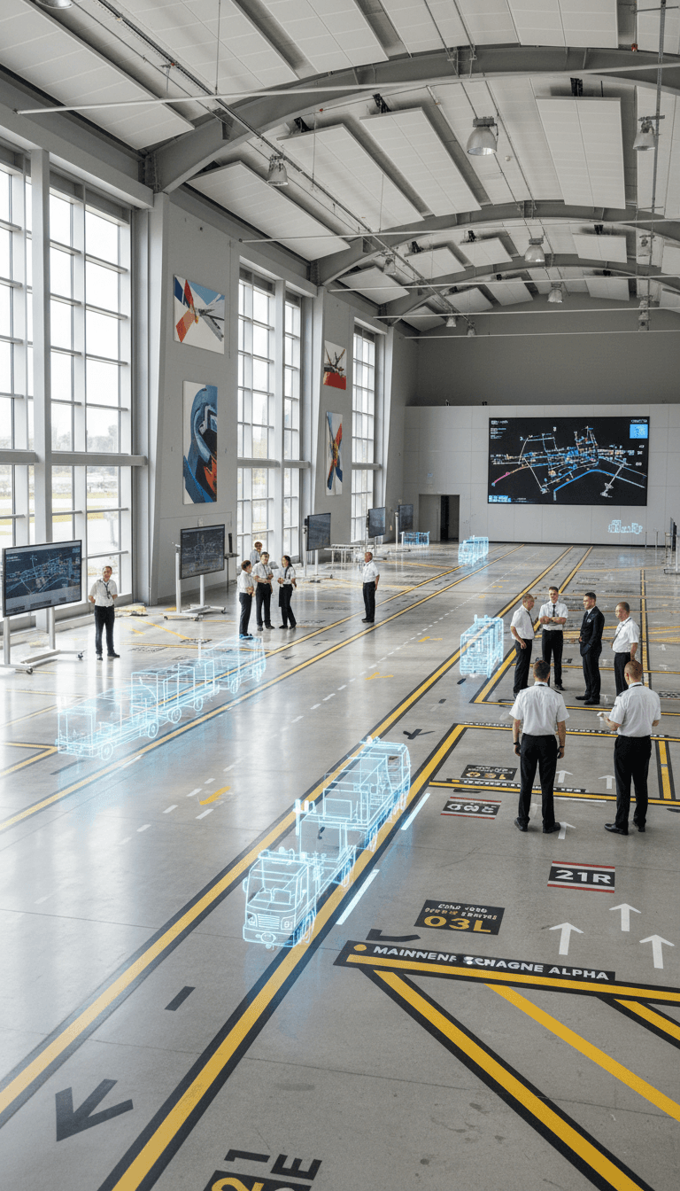Airport training hall with ground signage simulation for aviation training.