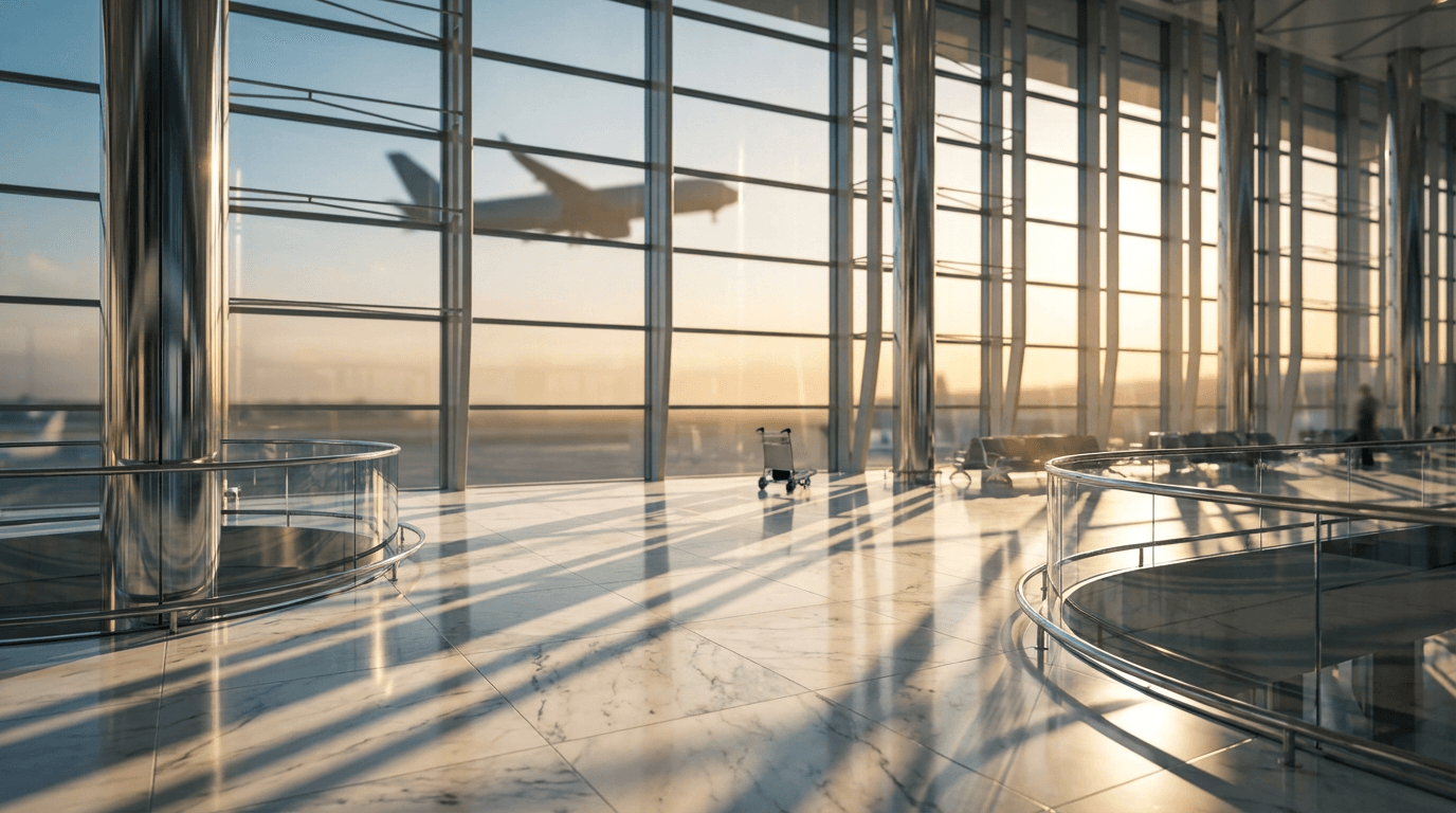 Bright airport terminal interior with golden light, geometric shadows, and distant airplane visible through windows.