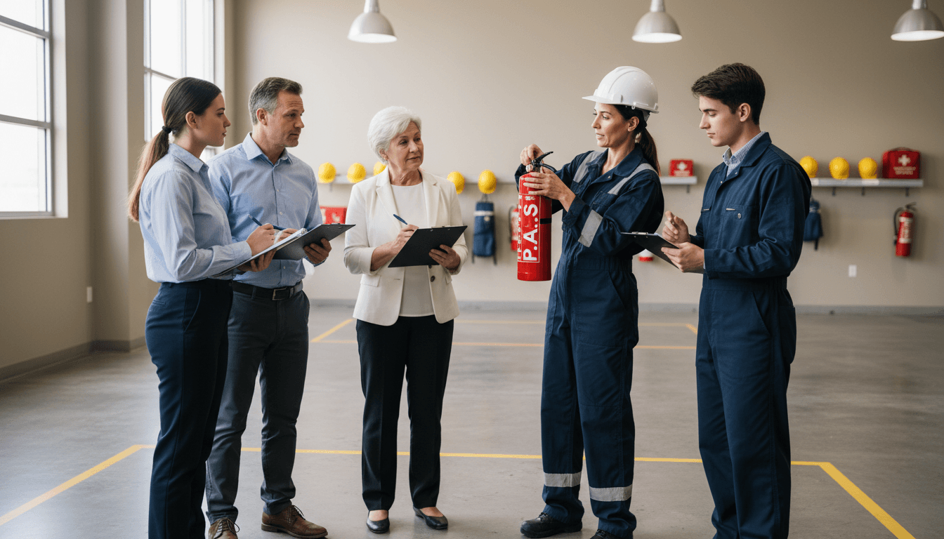 Instructor demonstrating fire extinguisher use to group of diverse adult students in modern training facility with safety equipment visible