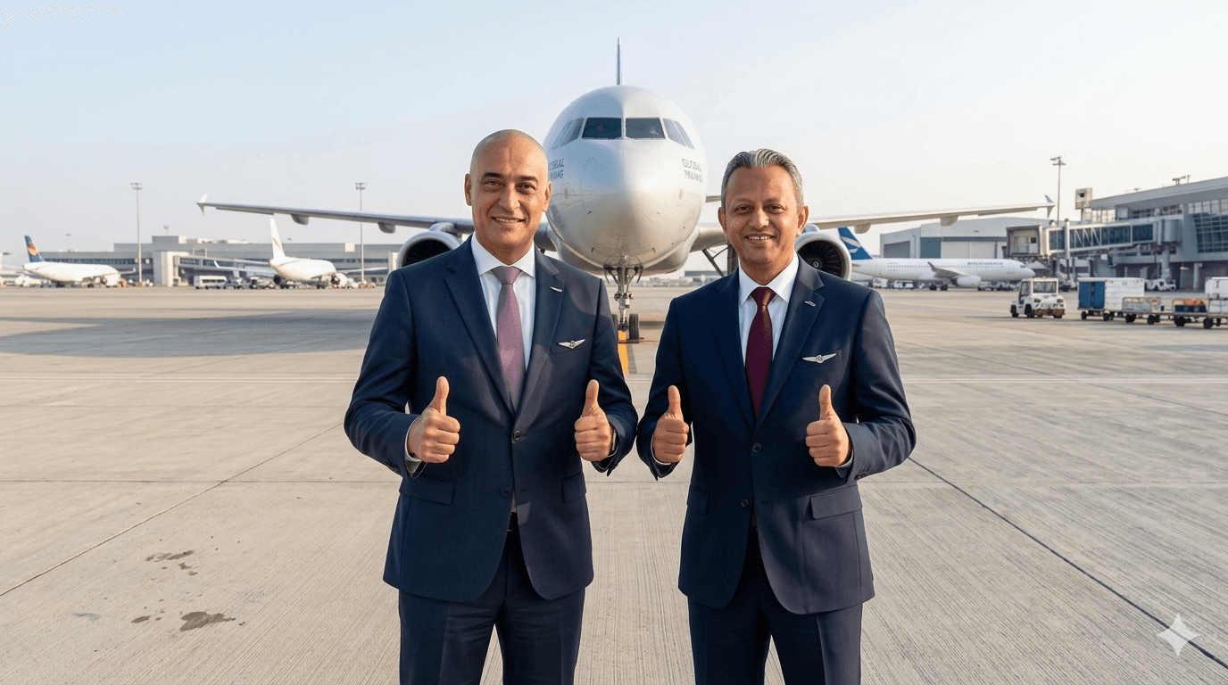 Deux hommes en costume sourient, pouces levés, devant un avion blanc sur le tarmac.