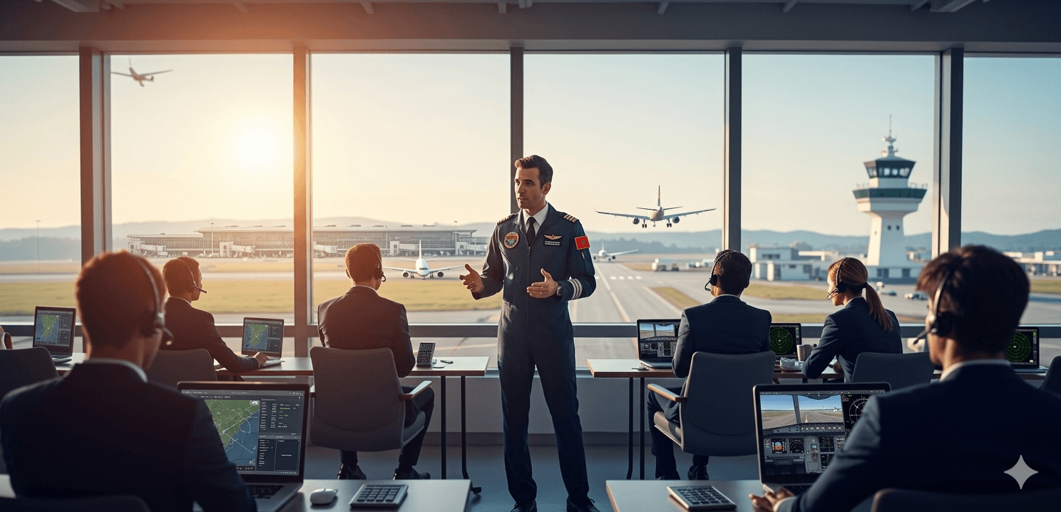 Pilote en uniforme s'adressant à des opérateurs devant une vue panoramique d'aéroport.