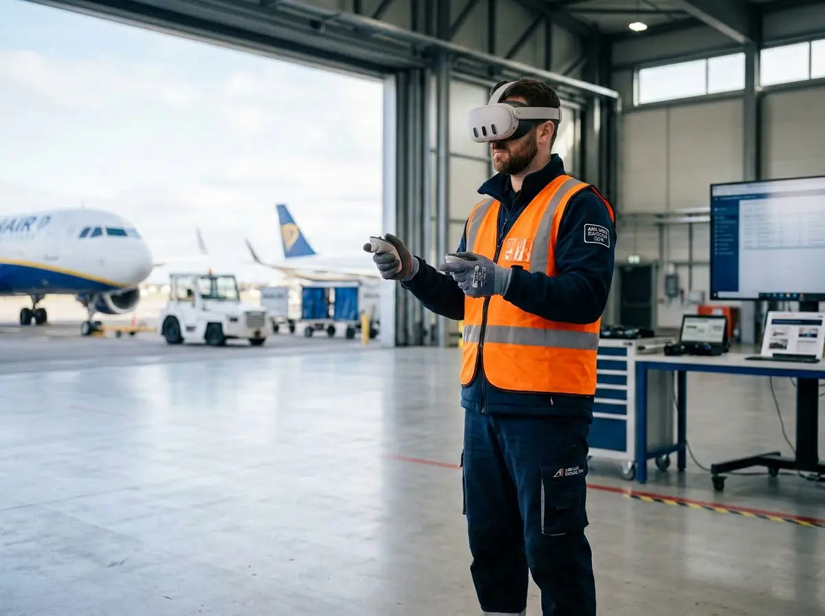 Technicien en gilet orange utilisant un casque de réalité virtuelle dans un hangar d'aviation.